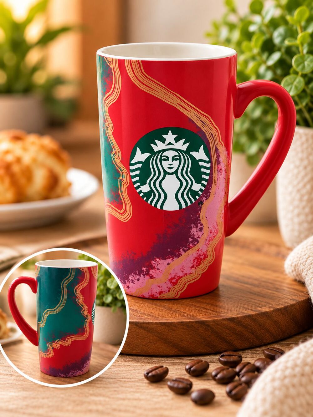 Starbucks Tall Ceramic Mug Red Green Gold Abstract Siren Logo 16 oz (2 Cups)
